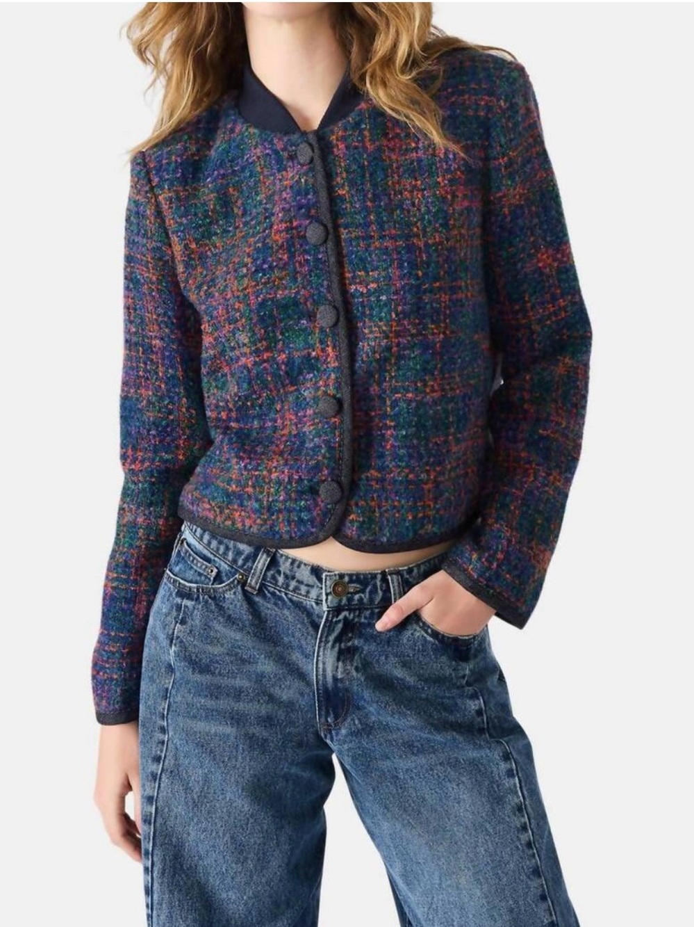 Steve Madden Multicolor Plaid Tweed Button Jacket